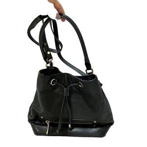 Milly Womens Black Leather Bucket Drawstring Bag Gold Crossbody Convertible